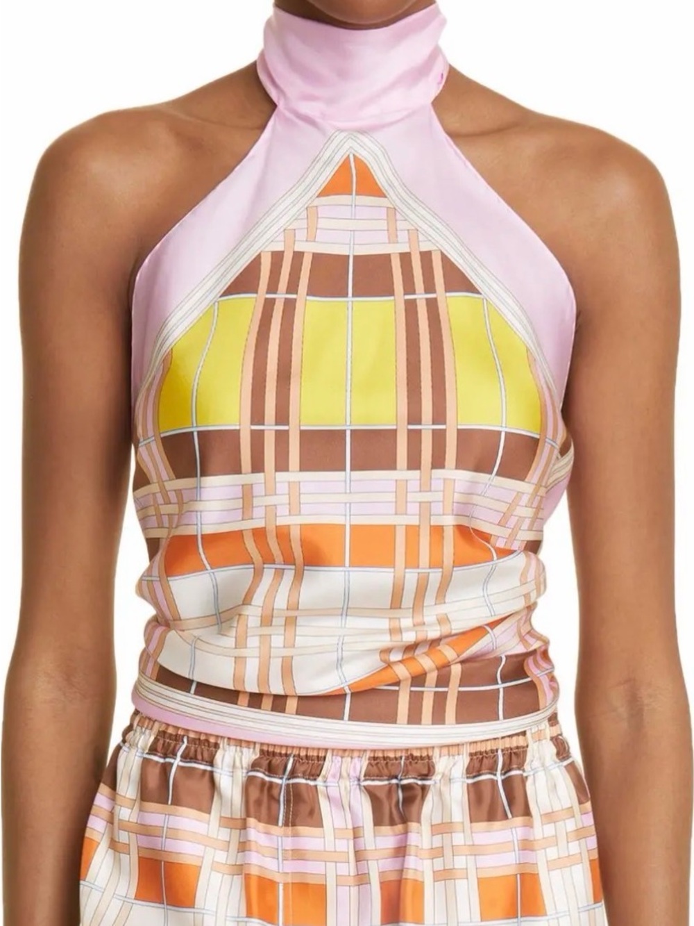 Burberry Pink and Yellow Plaid Silk Halter Top